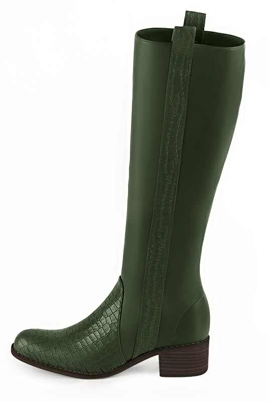 Forest green women's riding knee-high boots. Round toe. Low leather soles. Made to measure. Profile view - Florence KOOIJMAN